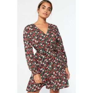 New Look Black Floral Puff Sleeve Belted Tea dress Size 6P